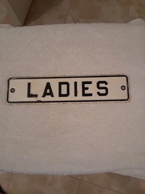 VINTAGE 1940s ENAMELED METAL "LADIES" BATHROOM SIGN 10.75 X 2.5 FUN DECOR - Image 1 of 4