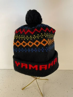 Vtg. Yamaha Snowmobile Dirt bike Winter Pom Pom Acrylic Knit Hat Cap Black Red - Image 1 of 4