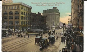 Woodward Avenue Looking South from State St., Detroit, Mich trollies 1912 card - Picture 1 of 2