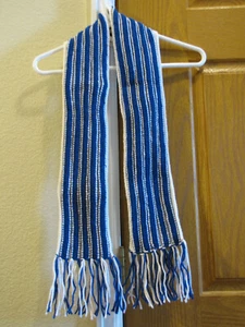 Handmade Knit Fringe Reversible Scarf Boy-Girl Crochet Blue-White Warm Neck Kids - Picture 1 of 9