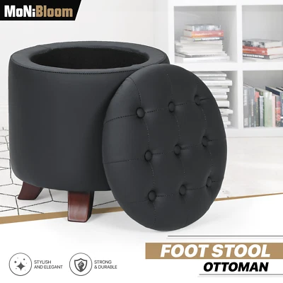 17" Black Round Storage Ottoman Classic PU Leather Lift Top Footstool Wood Legs - Image 1 of 4
