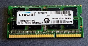 CRUCIAL 2GB 204-PIN DDR3 SODIMM PC3-10600S-9-11-F1 - Picture 1 of 2