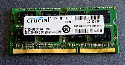 CRUCIAL 2GB 204-PIN DDR3 SODIMM PC3-10600S-9-11-F1 - Image 1 of 2