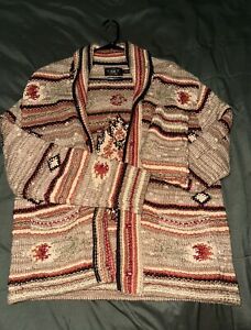 RRL Ralph Lauren Hand Knit Southwestern Wool Linen Blend Cardigan-MEN-XL