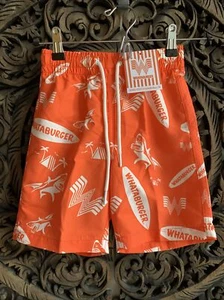 Whataburger Kid’s S Swim Trunks Surfboard Sharks Palm Trees Logo Drawstring New - Picture 1 of 9