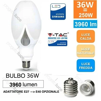 V-TAC LAMPADA LAMPADINA LED E27 36W PER LAMPIONI ADATTATORE E40 ANGOLO 360° - Immagine 1 di 4