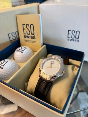 NUEVO ESQ Movado Reloj de Golf Hombre 38mm Tono Plateado E5355 Correa de Cuero Negro CONJUNTO EN B Foto 1 de 4