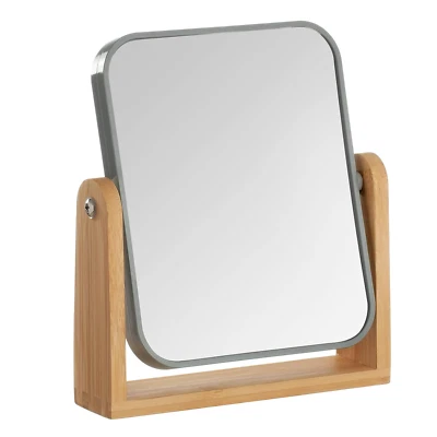 Double Sided 3X Magnifying  Makeup  Mirror Bamboo Stand Small Desk Table Mirror  - Image 1 of 4