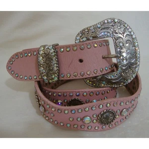 Vintage NOCONA Swarovski GÜRTEL Rosa Leder XL Silber Kristall Distressed Cowgirl - Bild 1 von 4