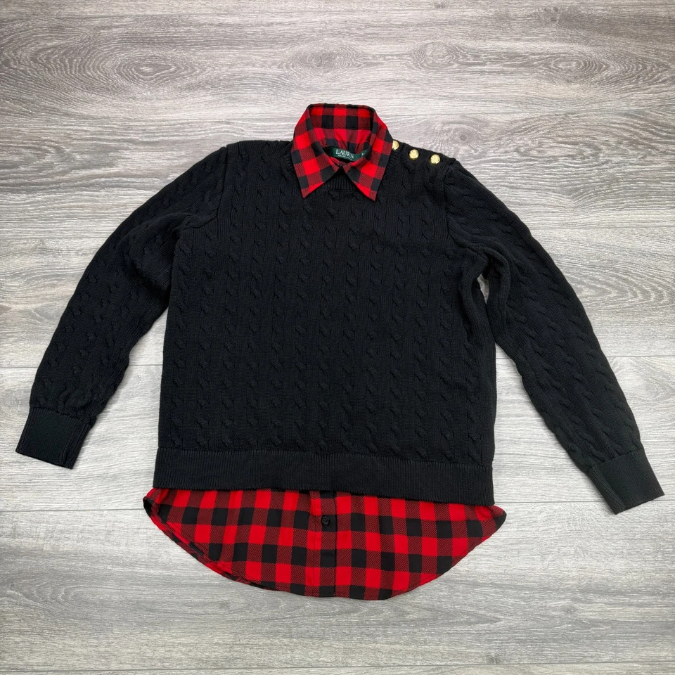 Suéter feminino Ralph Lauren pequeno preto malha de cabo búfalo xadrez botões dourados - Imagem 1 de 4