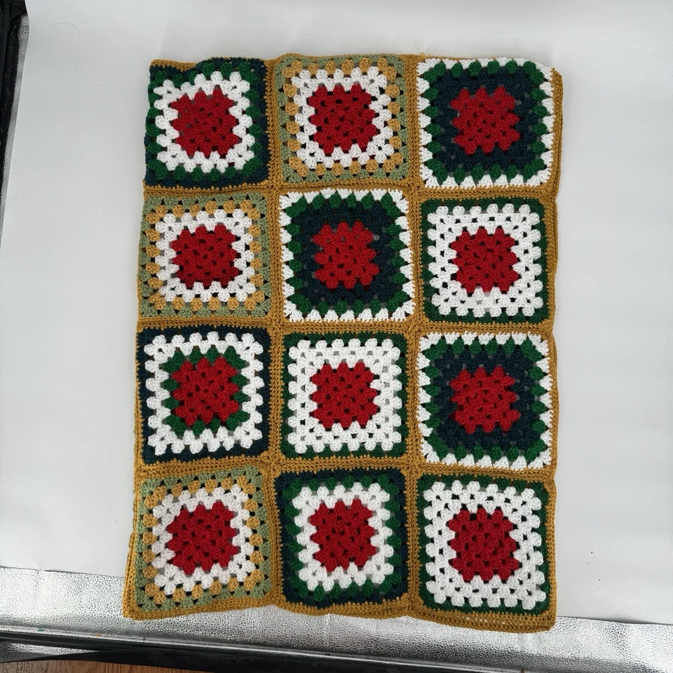 Vintage granny square blanket throw crochet 52x70 knit 80s 90s 70s cottage core - Image 1 of 3