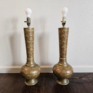 2er Set Vintage marokkanische verzierte geätzte Messing Tischlampen 24" MCM emailliert Blumen - Bild 1 von 24