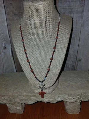 20"Boho Sunstone Like Cross.Embellished  Silvertone Hearts And Vintage Beads - Image 1 of 4