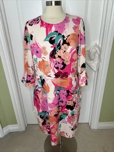 NWT Nine West Bell Cuff 3/4 Sleeve Sheath Dress Hibiscus Floral Size 16 - Picture 1 of 14