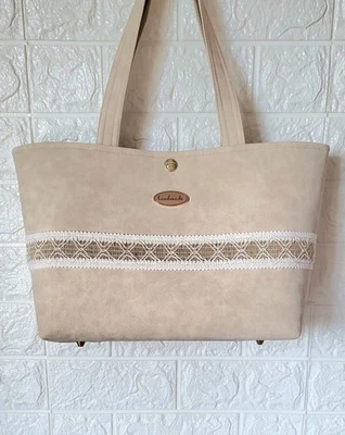 Beige Real Leather Suede Large Tote Handbag Studded Bottom - Image 1 of 4