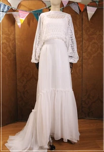 Vintage 1970s Edwardian Style Wedding Dress Chiffon and Lace Maxi Boho size 8-10 - Picture 1 of 15
