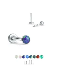 Threadless Labret Push Pin Nose Ring Steel Monroe 1.5mm Glued Opal 18G 20G - Picture 1 of 10