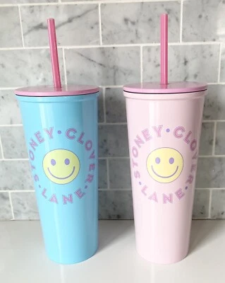 S/2 STONEY CLOVER LANE TARGET STAINLESS STEEL TUMBLER CUPS BLUE PINK SMILEY FACE - Image 1 of 3