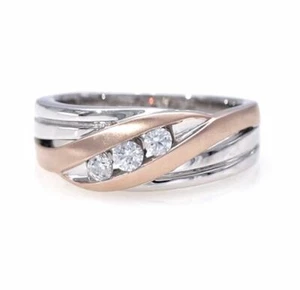Men's 1/3 CT.Real Diamond Three Stone Bypass Wedding Band Ring 10K Two-Tone Gold - Picture 1 of 8
