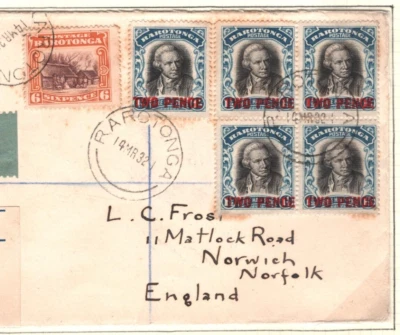 RARATONGA/COOK ISLANDS Cover 2d BLOCK Registered 1932 Norwich via USA MAL70 - Image 1 of 4