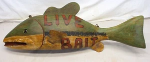 Insegna 32" Folk Art PESCE INTAGLIATO Pesca Negozio ESCA VIVA Pubblicità Da Collezione - Foto 1 di 13