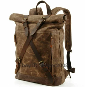 Mochila de viaje vintage de lona con cera al óleo para hombres + cuero de vaca real bolso para libros - Imagen 1 de 13