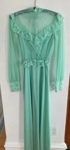 Vtg 1970s Maxi Dress Aqua Lace Sleeve Lace Collar Victorian Revival Bridesmaid - Picture 1 of 19
