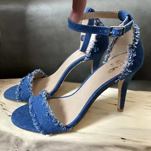 MIX NO. 6 Frayed Denim Heels Sandals Womens Sz 8.5 Ankle Strap PAVIA NWOB - Picture 1 of 10