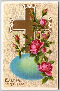 Postcard Easter Greetings Gilt Cross Blue Egg Pink Roses Embossed UNP - Picture 1 of 2
