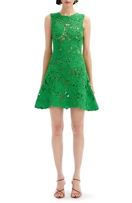 $4990 Oscar de la Renta Women's Floral Crochet Lace Mini Dress in Cactus Size M - Image 1 of 4