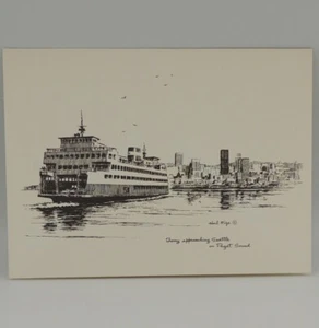 Hal Mize Repro. Tarjeta impresa Ferry acercándose a Seattle en el canal Puget Sound - Imagen 1 de 3