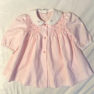 Vestito cappotto bambina rosa vintage 6-9M rosa floreale ricamato smocked senza marchio - Foto 1 di 8