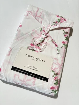 Laura Ashley 花卉玫瑰和丝带粉色/2 枕套 100% 棉 Percale 小屋 — 第 1/4 张图片