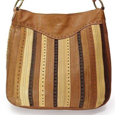 Bolso Hobo Fossil de Cuero y Gamuza a Rayas Tachonado Remachado Marrón y Tostado Bolso de Hombro Foto 1 de 4