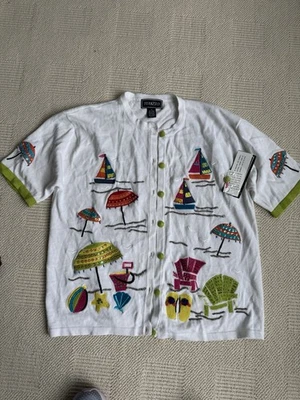 Terazzo Vintage Beach Sweater Umbrellas Flip Flops Shells Tropical  Sz Med NEW - Image 1 of 4