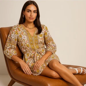 SUE SARTOR Flounce Shorty Dress Chinoiserie Block Print Yellow Pink Sz L $429 T5 - Picture 1 of 5