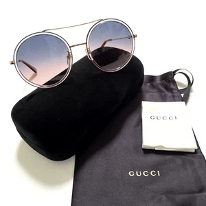 New in Case Original $495 GUCCI Sunglasses GG0061S 023 Round Gold Blue Metal - Picture 1 of 10