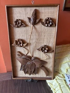 Mid Century Carved Wood Floral Wall Art ~ Burlap Background 13.5 x 22 ~ Framed - Picture 1 of 5