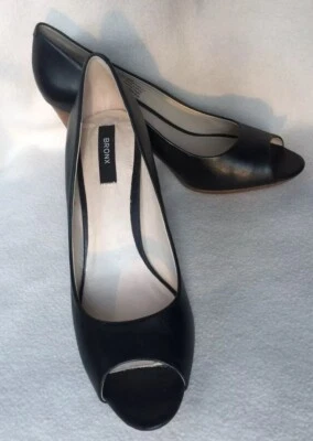 Bronx Jop Lin Black Heels Peektoes Wood Tone Heel sz 40 - Image 1 of 4