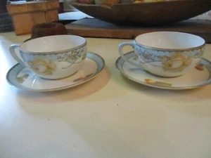 2 Antique Vintage RS Germany Floral Gold Tea Cup And Saucer Green Stamp - Picture 1 of 5