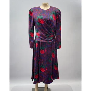 NUIT Petites Vtg 80s Dress Women 8P Colorful Floral 100% Silk A-Line Midi Party - Picture 1 of 9