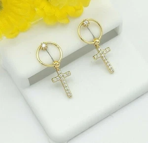 Gold Plated Icy Cross Dangle Hoop Huggie Ear Stud Earrings Men Women - Picture 1 of 3