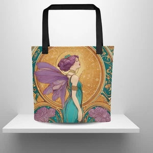 Purple Teal Gold Vintage Art Nouveau Fairy Reusable Canvas Tote Bag - Picture 1 of 8