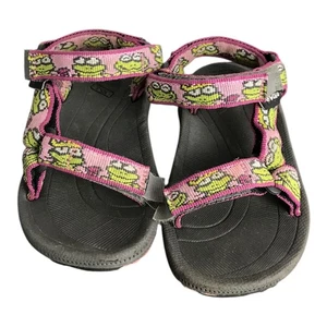 Teva Toddler Strappy Sandals Girls US6 Green Pink Frog Pattern Easy On - Picture 1 of 7