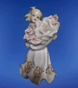 Vintage Lefton China Blonde Girl With Flower Bouquet Pink Flowers - Picture 1 of 18