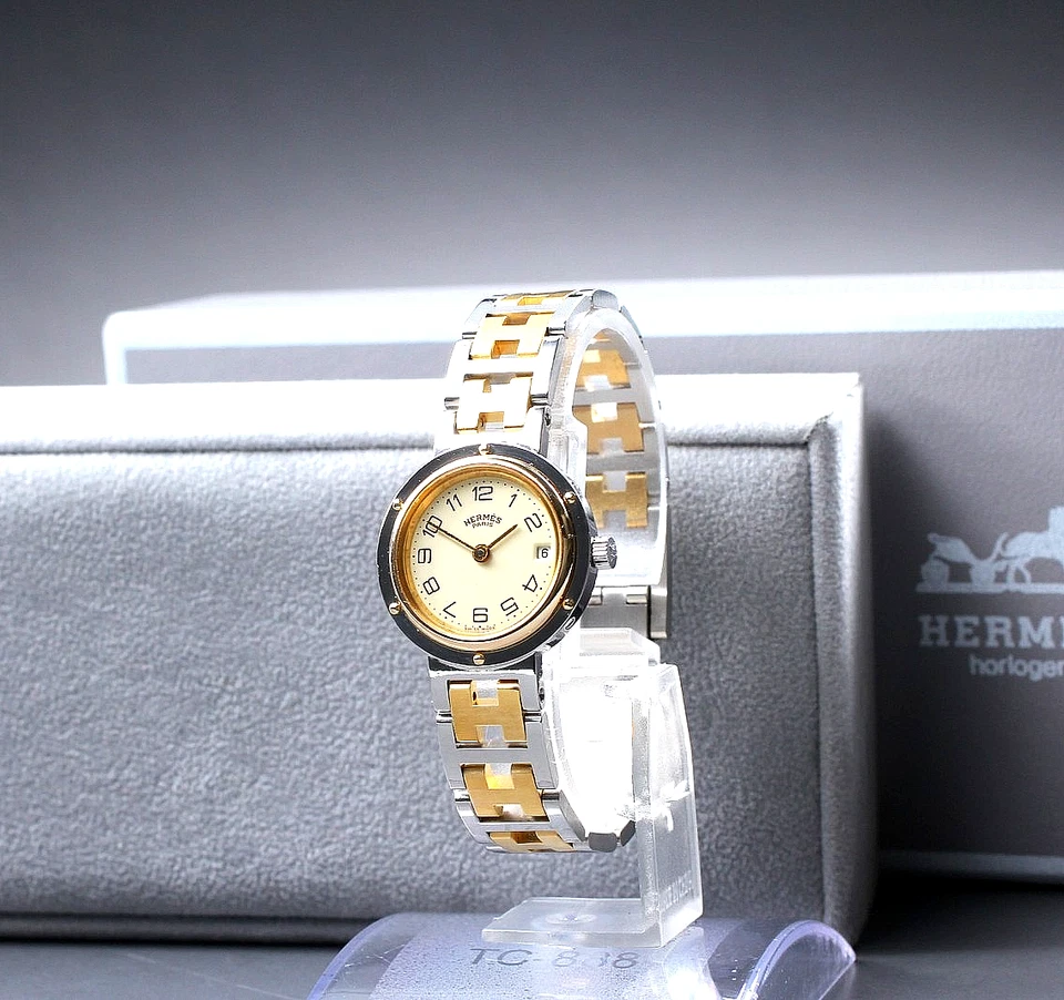 Juego completo [casi como nuevo] Reloj para mujer vintage HERMES Clipper 24 mm marfil fecha cuarzo Foto 1 de 4