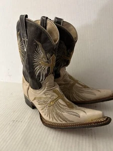 Semental Embroidered Cross Leather Pointed Toe Cowboy Boots Youth Size 1 - Picture 1 of 10