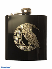 CELTIC OWL Black Hip Flask, 6oz stainless with FREE PERSONALISATION and Gift Box