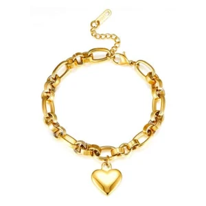 18k Gold Plated Chain Link Large Solo Heart Charm Bracelet - Picture 1 of 2