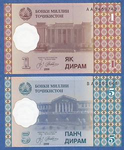 2 Notes LOT: Tajikistan 1 & 5 Diram P 10 & P 11 UNC - Picture 1 of 2